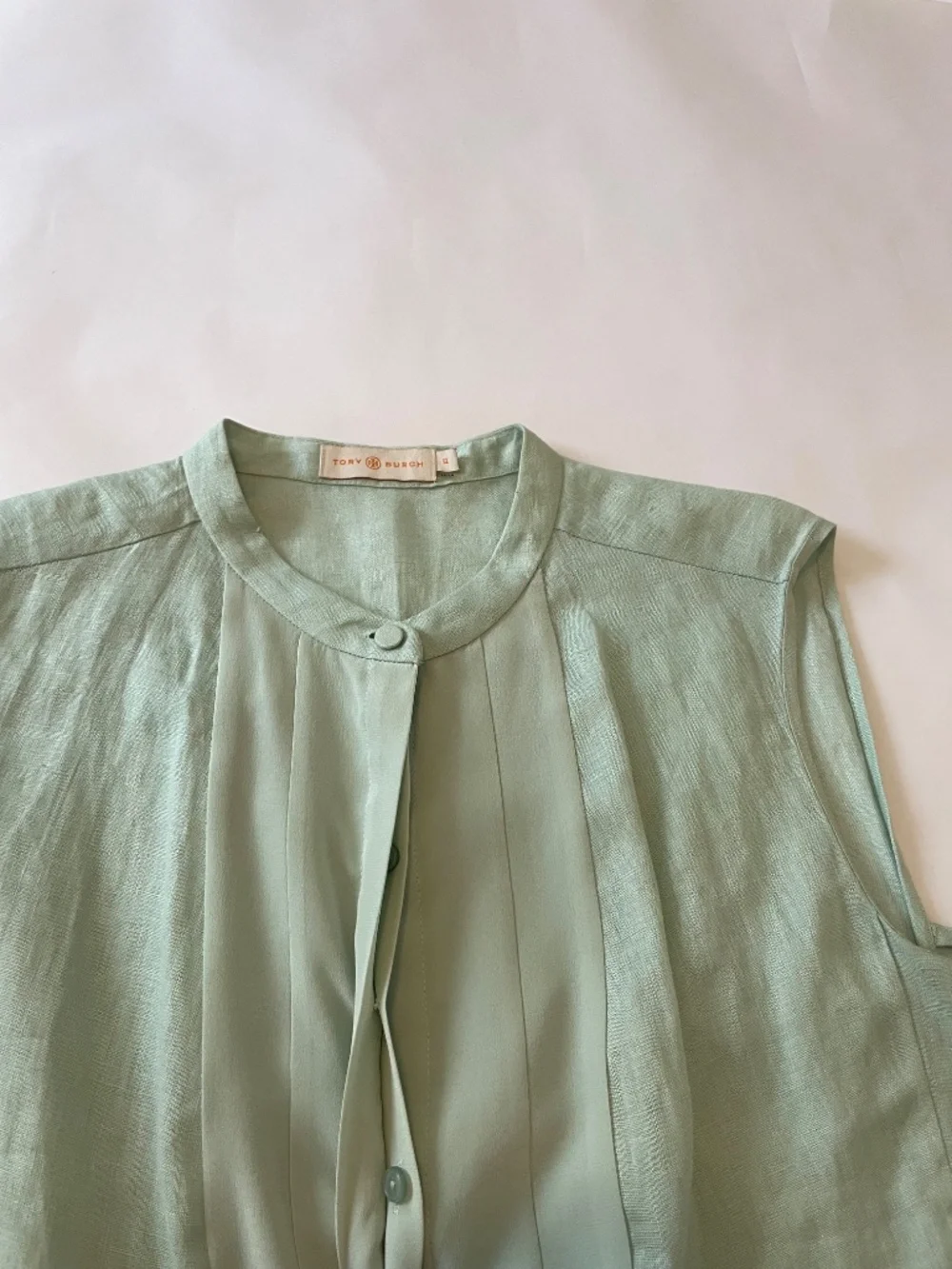 Tory Burch Blue Green Silk Linen Sleeveless Top, Button Up Solid Blouse, Size 12